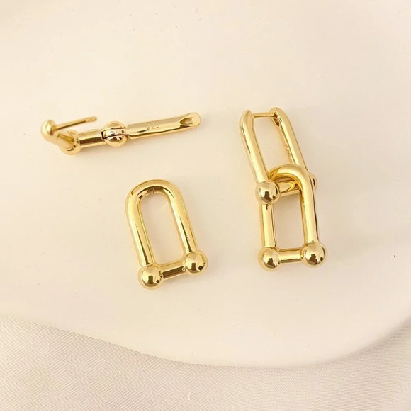 925 Sterling Silver Chunky U Link Earrings Thick Bold Hardware Earrings - Picture 7 of 8